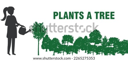Creative 2023 Reforestation, planting trees in forest. Man and child plant bare tree and fir trees, silhouette. Vector illustration