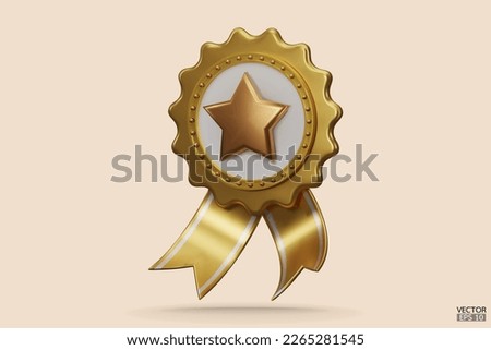 3D quality golden guarantees a medal with a star and ribbon. Gold badge warranty icon isolated on beige background. Realistic graphics Certificate Badge icon, Yellow award badge.3D vector illustration