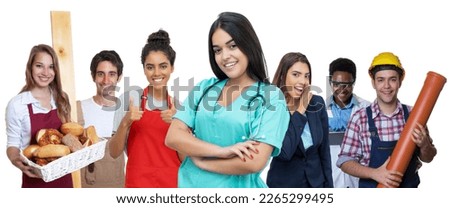 Pretty hispanic female nurse with group of trainees isolated on white background for cut out Royalty-Free Stock Photo #2265299495