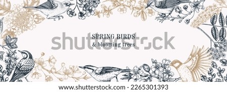 Spring garden frame designs. Vector background with birds, flowers, and blooming tree branches in sketched style. Almond, willow, rowan, willow, cherry blossom vintage banner. Hand-drawn floral sketch