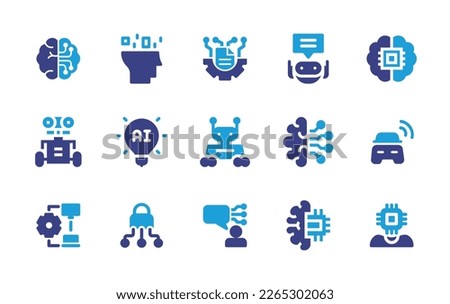 Artificial intelligence icon set. Duotone color. Vector illustration. Containing brainstorming, artificial intelligence, machine learning, assistant, brain, robot, idea, car, recommendation, ai, nlp.