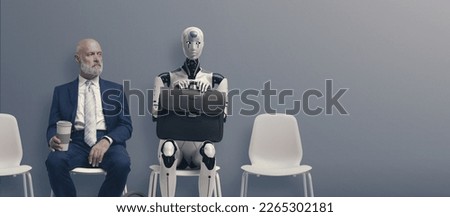 Man and AI robot waiting for a job interview: AI vs human competition Royalty-Free Stock Photo #2265302181