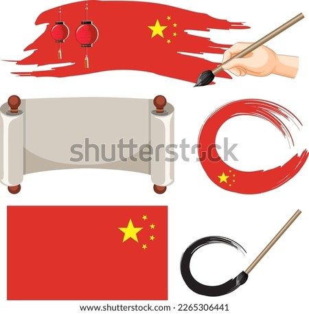 Chinese flag symbol with ink brush set illustration