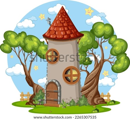 Fairytale tower decorated with tree illustration