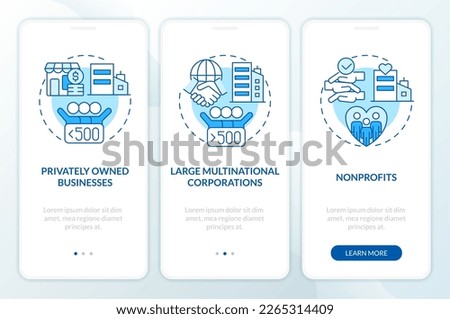 Companies in private sector blue onboarding mobile app screen. Walkthrough 3 steps editable graphic instructions with linear concepts. UI, UX, GUI template. Myriad Pro-Bold, Regular fonts used