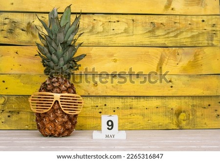 Creative May calendar planner with number  9. Pineapple character on bright yellow summer wooden background with calendar cubes.