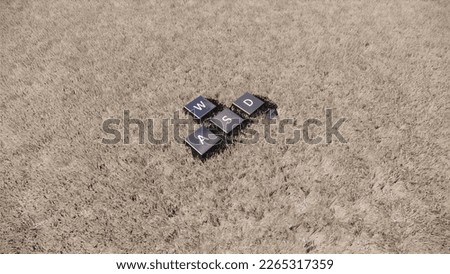 Mechanical keyboard keycaps with wasd letter symbol on natural grass 3d rendering
