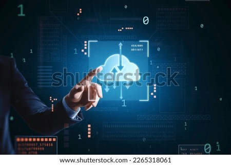 Data exchange and cloud service concept with businessman finger on digital touch screen with glowing cloud symbol and arrows in virtual frame on dark technological background Royalty-Free Stock Photo #2265318061