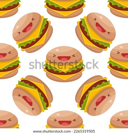Cute Burger seamless pattern. Vector illustration. Food icon concept. Flat cartoon style.	