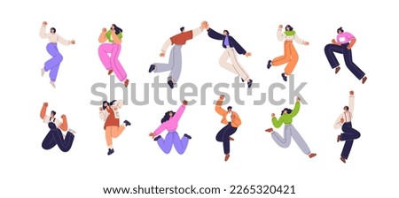 Happy characters jumping from joy, fun. Young excited people celebrating success, achievement. Free active men, women with positive energy. Flat vector illustrations set isolated on white background