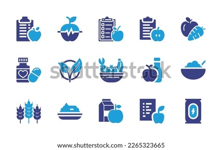 Nutrition icon set. Duotone color. Vector illustration. Containing diet, wellness, nutrition, medication, vegan, fruits, vinegar, cereal, fiber, mashed potatoes, healthy food, energy drink.