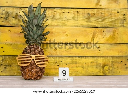Creative planner calendar january with number  9. Pineapple character on bright yellow summer wooden background with calendar cubes.