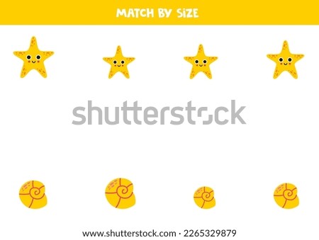 Match cute starfish and seashell by size. Educational logical game for kids.