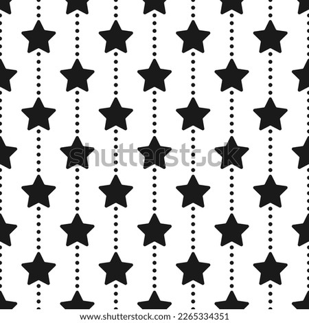 Black stars and dots on white background. Vector seamless pattern. Best for textile, print, wrapping paper, package and festive decoration.