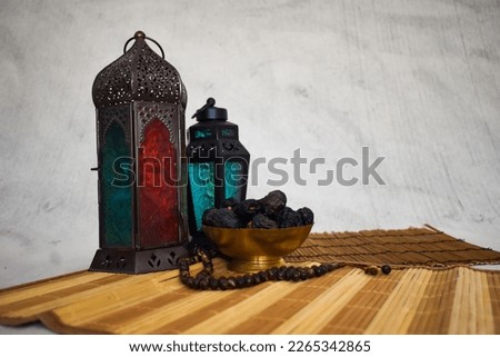 Ramadan and Eid concept, Islamic festival, Turkish lamp, Tasbeeh and Dates
