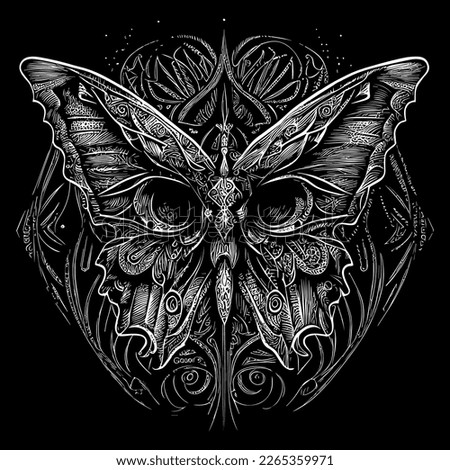 This artwork showcases a stunning black butterfly with intricate details and delicate lines. A striking contrast of light and dark creates a beautiful image