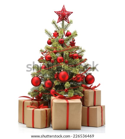 Decorated Christmas tree and gifts on white background