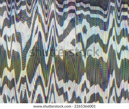 Glitch art, data error. Abstract background with black and white grids and colorful chromatic aberration. Glitchy distorted waveforms pattern created from a scan of a mesh bag. Royalty-Free Stock Photo #2265366001