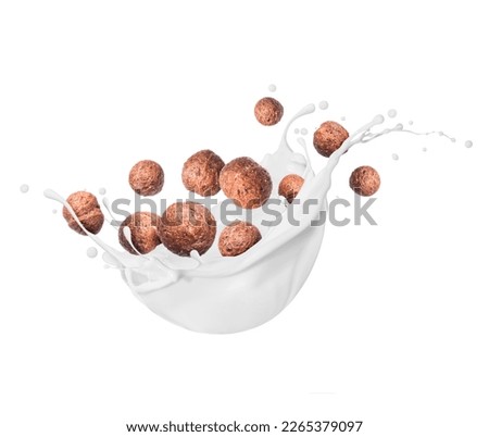 Rye cocoa balls with milk splash closeup on a white background Royalty-Free Stock Photo #2265379097