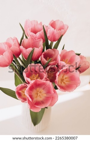 Gently pink bouquet of tulips in a white vase. Spring background with a bouquet of flowers. Top view
