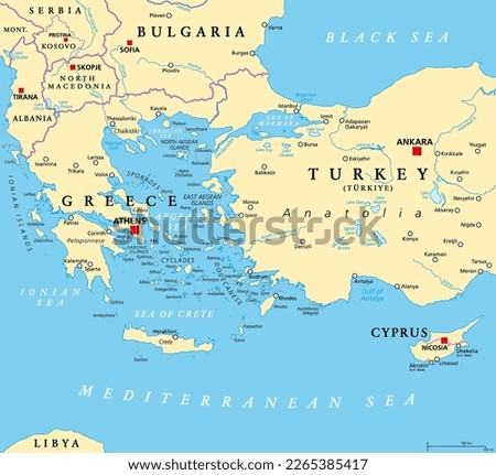 Aegean Sea region with Aegean Islands, political map. An elongated embayment of the Mediterranean Sea, located between Europe and Asia, and between the Balkans and Anatolia, Greece and Turkey. Vector. Royalty-Free Stock Photo #2265385417