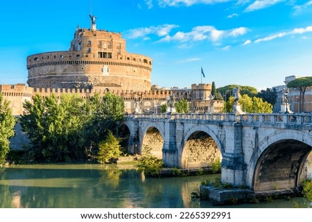 Castle of Holy Angel (Castel Sant'Angelo) and St. Angel bridge (Ponte Sant'Angelo) over Tiber river in Rome, Italy Royalty-Free Stock Photo #2265392991
