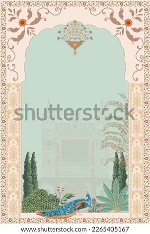 Traditional Mughal garden arch, plant, peacock illustration for invitation. Vector printable design Royalty-Free Stock Photo #2265405167