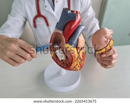 Hand of doctor cardiologist with scalpel anatomy of heart. Cardiac surgery heart transplant Royalty-Free Stock Photo #2265413675