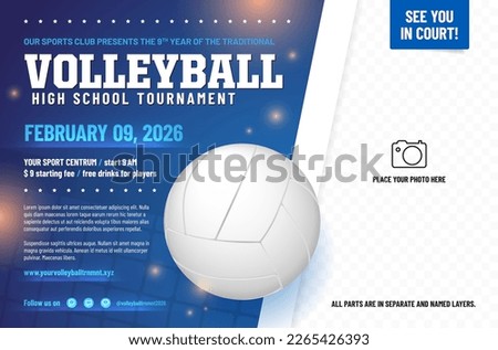 Volleyball tournament poster template with ball and place for your photo - vector illustration