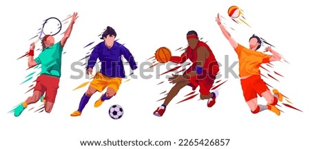 set vector design football, tennis, volleyball and basketball players. for banner and website design elements. flat design of player big ball and small ball. national sport