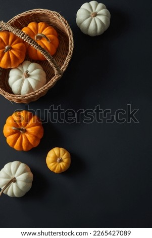 Halloween pumpkins on a brown basket decorated on dark background. Empty space for product promotion