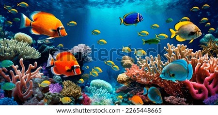 Tropical sea underwater fishes on coral reef. Aquarium oceanarium wildlife colorful marine panorama landscape nature snorkel diving Royalty-Free Stock Photo #2265448665
