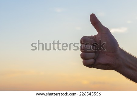 Hand at sunset sky background. OK sign