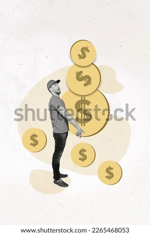 Image pop collage poster of young guy financier collect golden coins bank cashback increase income concept