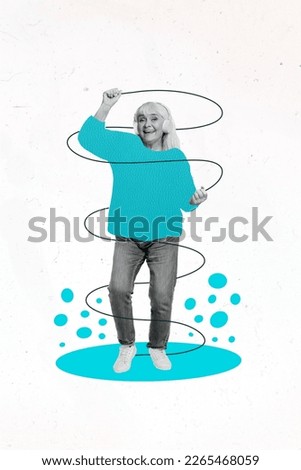 Creative picture template collage of pensioner lady feel young listen pop swag music use wireless modern headset