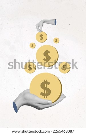 Magazine retro picture collage of human hand hold golden coins investing increase capital concept