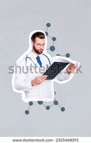 Scientific magazine template collage of doc guy read check list analyze work on corona virus vaccination