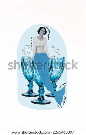 Creative magazine template collage of fantastic mermaid sit glass luxury cup exotic travel restaurant advert