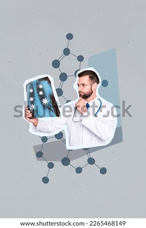 Medical magazine collage of expert professional doc man check patient chest diagnosis pneumonia respiratory flu covid Royalty-Free Stock Photo #2265468149