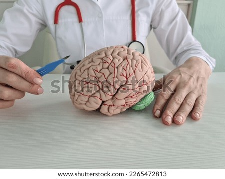 Surgeon is holding ascalpel of brain model. Alzheimer disease and dementia Royalty-Free Stock Photo #2265472813
