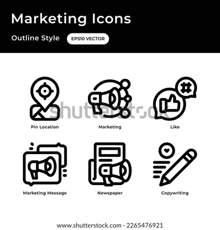 Marketing icons set with outline style, with pin location, like, newspaper, copywriting
