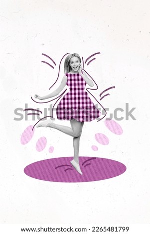 Creative abstract template graphics collage image of excited funny smiling lady having fun isolated drawing background