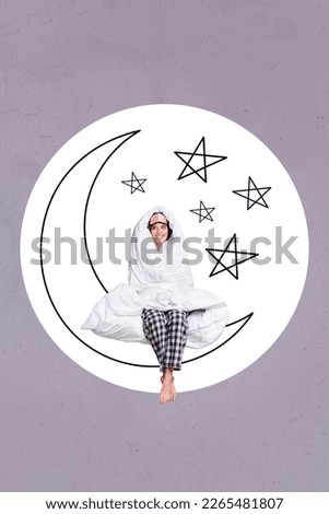 Photo collage artwork minimal picture of charming smiling lady rolling blanket sitting moon isolated drawing background