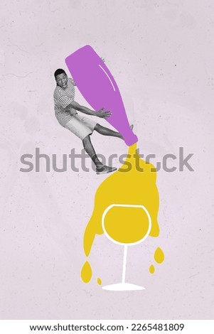 Photo collage artwork minimal picture of smiling excited guy pouring juice big bottle isolated drawing background