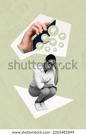 Magazine image template collage of sad blogger lady guy social network addicted feel upset many dislike smart gadget
