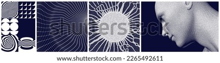 Cover design template. Art composition. Abstract man head. Scientific discoveries. Striped pattern with optical illusion. Solar emission. 3D vector for brochure, flyer, card, banner or cover. Royalty-Free Stock Photo #2265492611