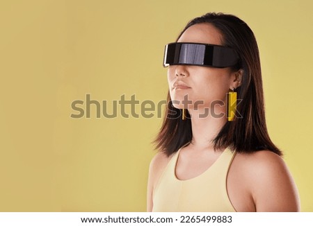 Vr, 3d metaverse and woman in virtual reality, exploring cyber space or futuristic tech mockup. Fantasy, gamer and female with digital ai glasses for gaming in studio isolated on a yellow background