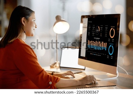 Business worker, screen or computer data analytics in night office for financial planning, company budget or startup accounting. Chart, graph or infographic on technology for woman smile in finance Royalty-Free Stock Photo #2265500367