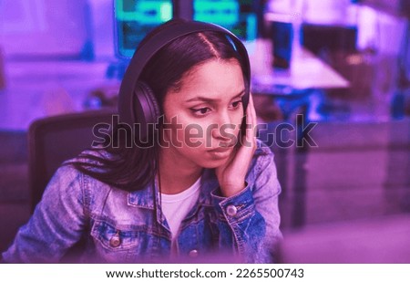 Thinking woman, computer or headphones in neon strategy for iot coding, night programming or code cybersecurity. Programmer, developer or desktop technology and music or podcast for ux ideas planning