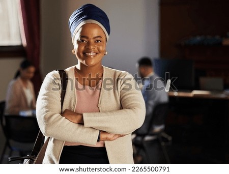 Law firm portrait, confidence and woman for legal work, consultation service or happy contract meeting. Justice advisor, government mock up and African leader, lawyer or attorney with crossed arms Royalty-Free Stock Photo #2265500791